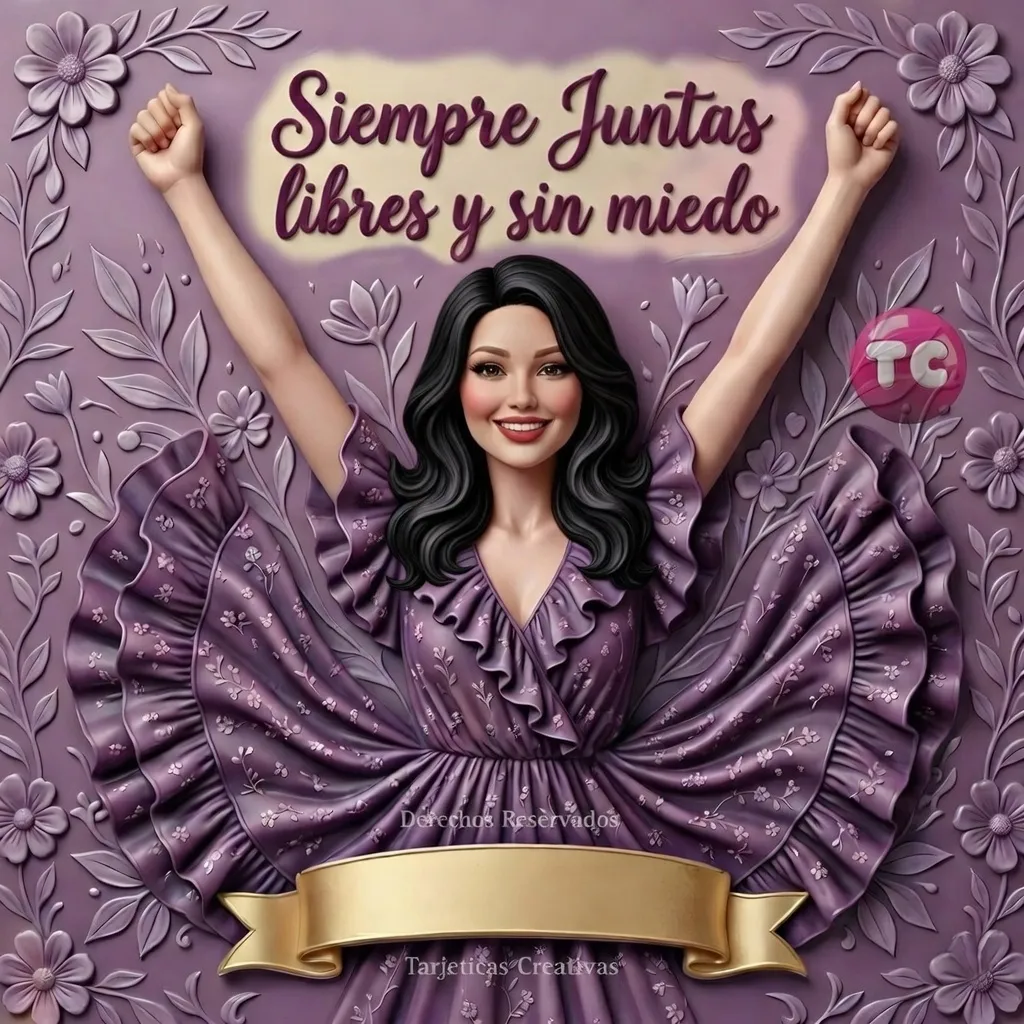 Diseño para el Día de la Mujer con avatar 3D de cabello negro (morena), fondo floral morado y cinta dorada para personalizar nombre.