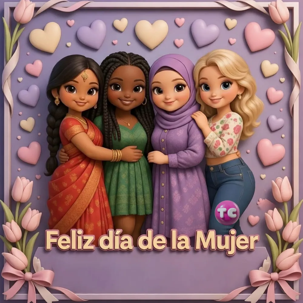 Tarjeta multicultural del Día de la Mujer con cuatro amigas de diferentes etnias unidas y espacio para nombre.