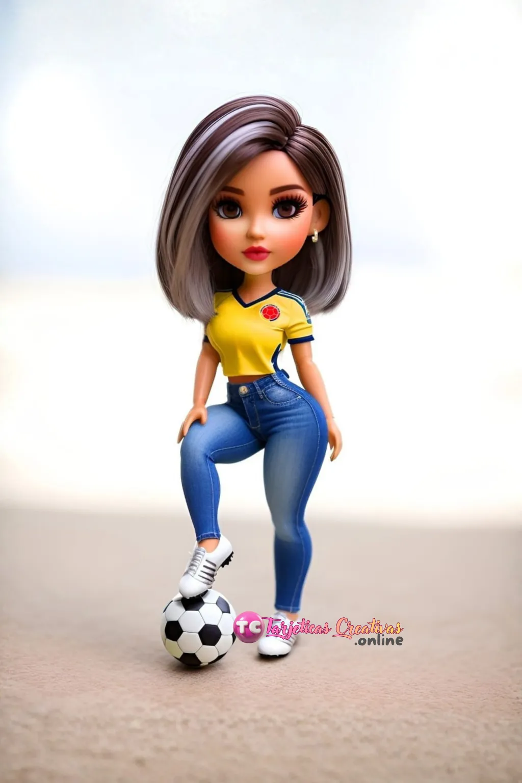 Mujer de pelo ballage con camiseta de futbol de Colombia