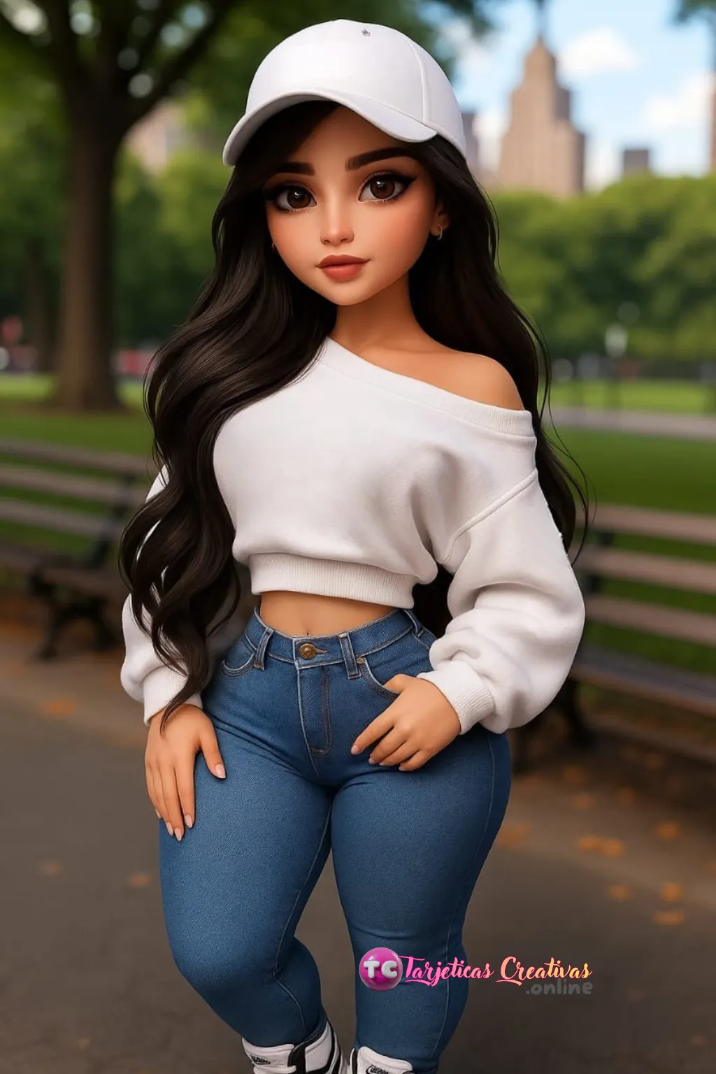 Muñeca en el parque pelo castaño con gorra