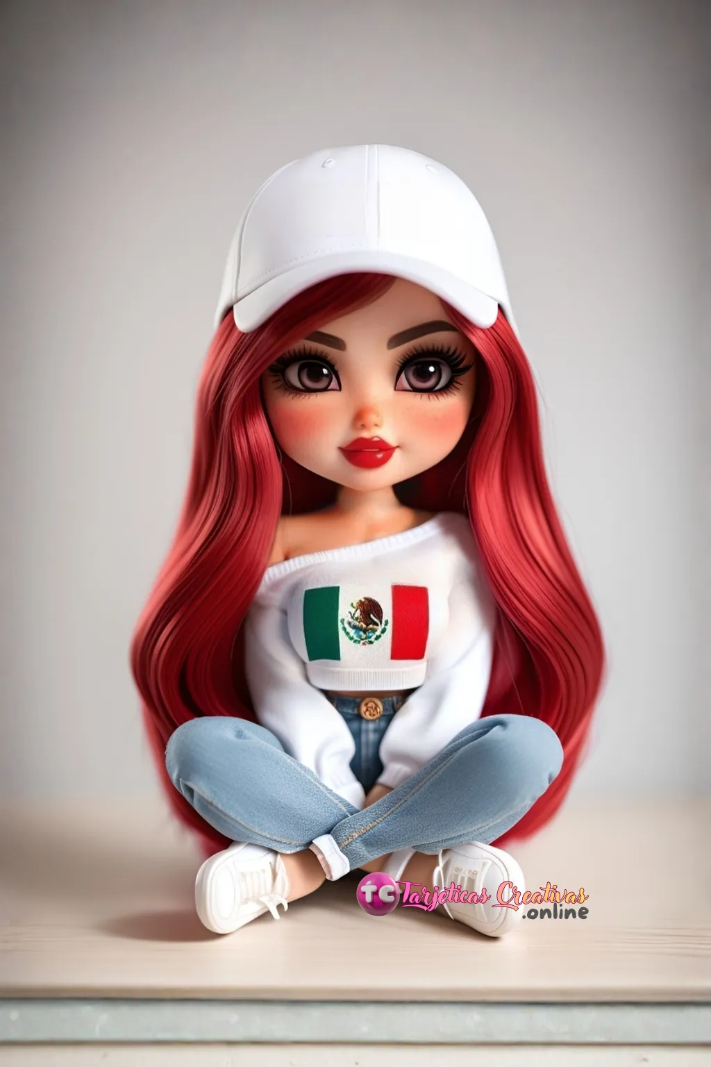 Mujer con camiseta bandera de mexico y pelo rojo con gorra