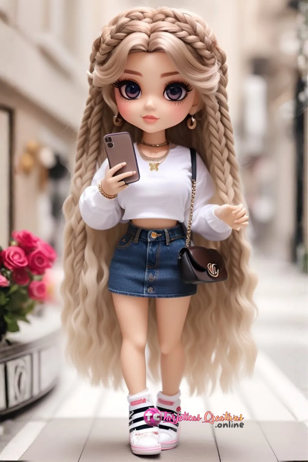 Mujer de pelo rubio con teléfono en centro comercial