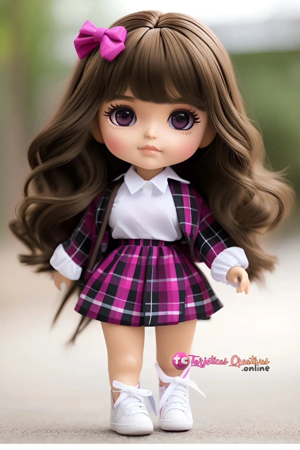 Muñeca en el parque pelo castaño