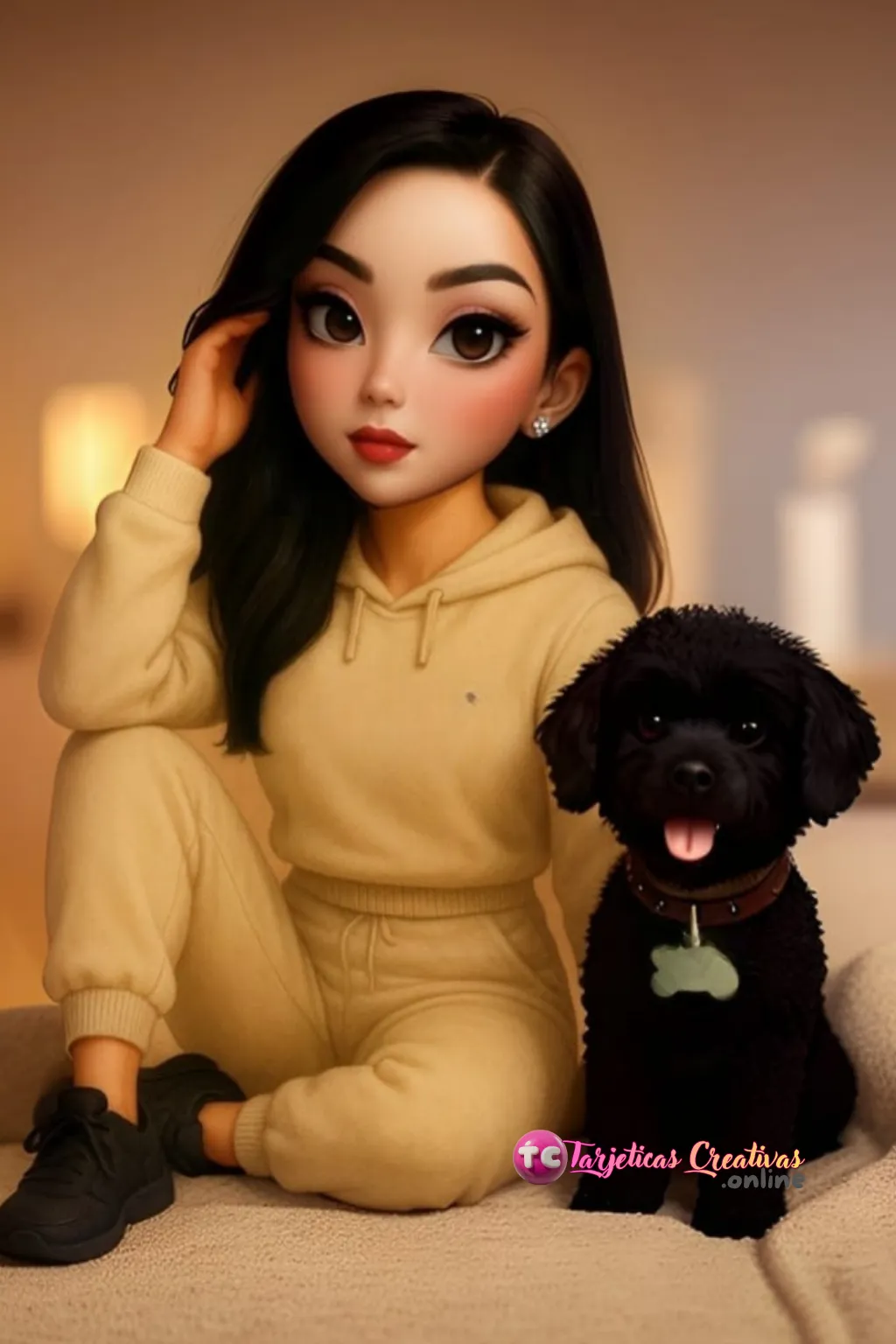 Mujer de pelo negro sentada con mascota