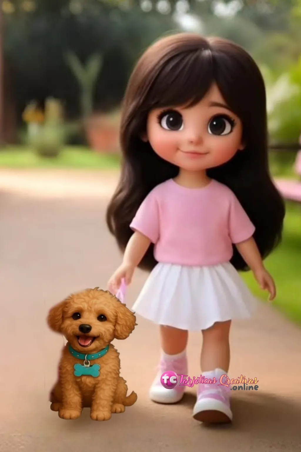 Niña de pelo castaño con mascota en el parque