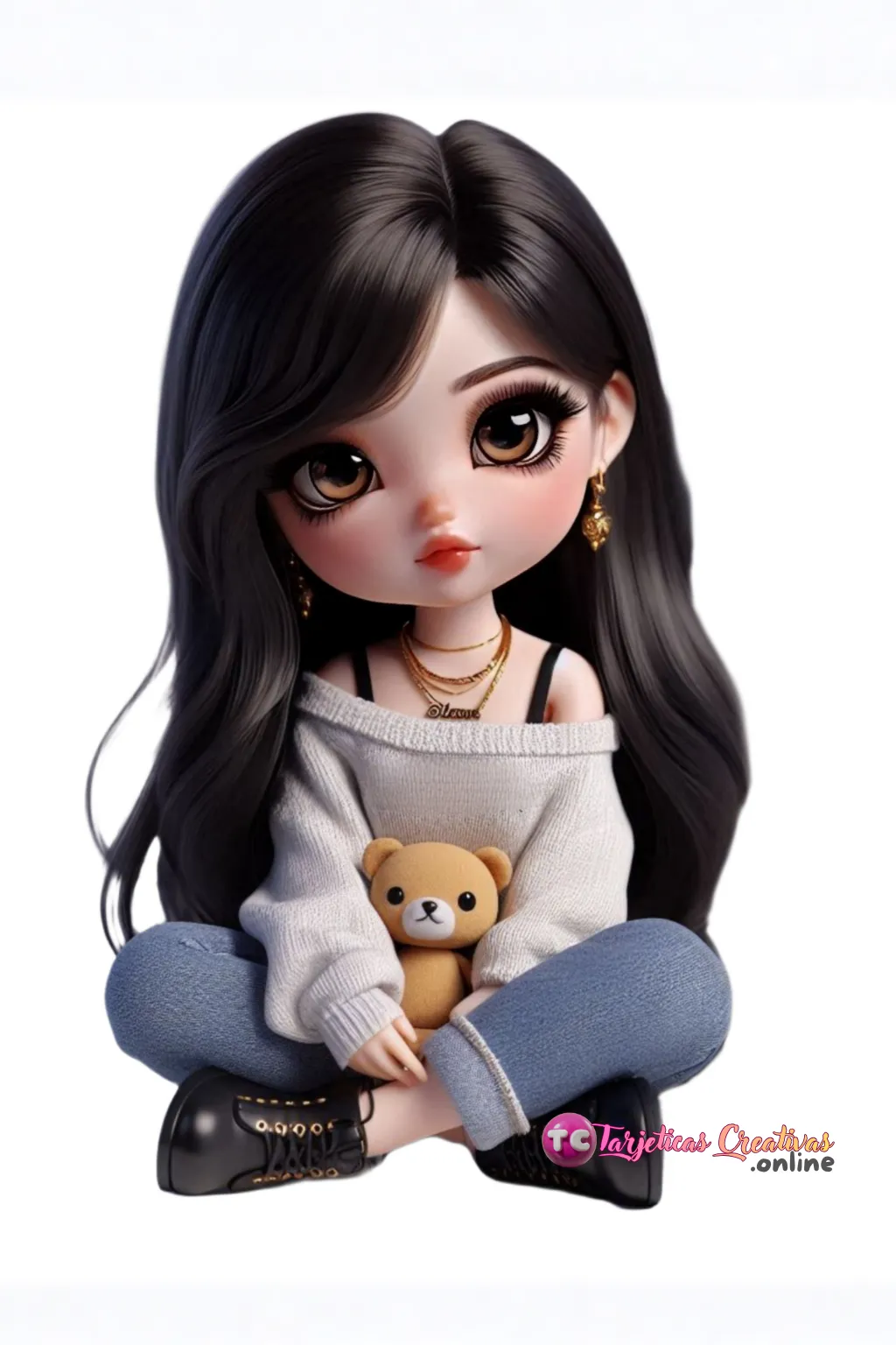 Niña de pelo negro con oso de peluche