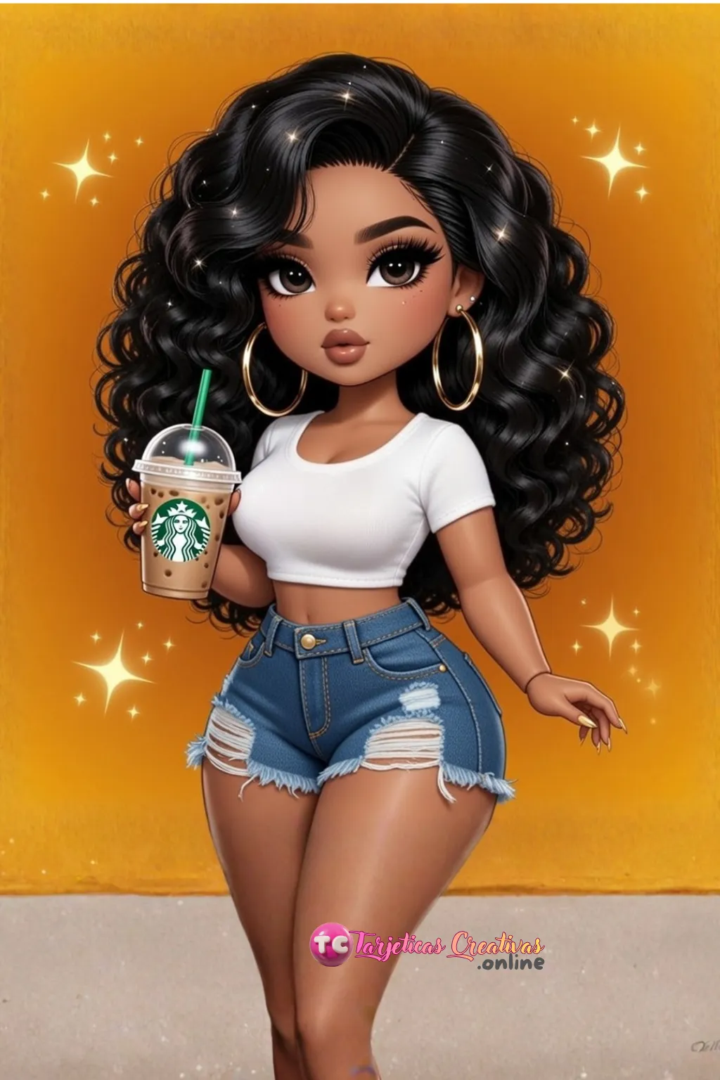Mujer modelo de pelo negro parada con shorts y vaso de starbucks