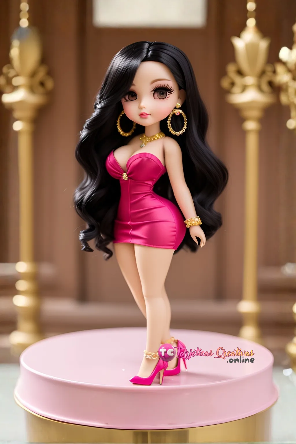 Muñeca modelo pelo negro en tarima