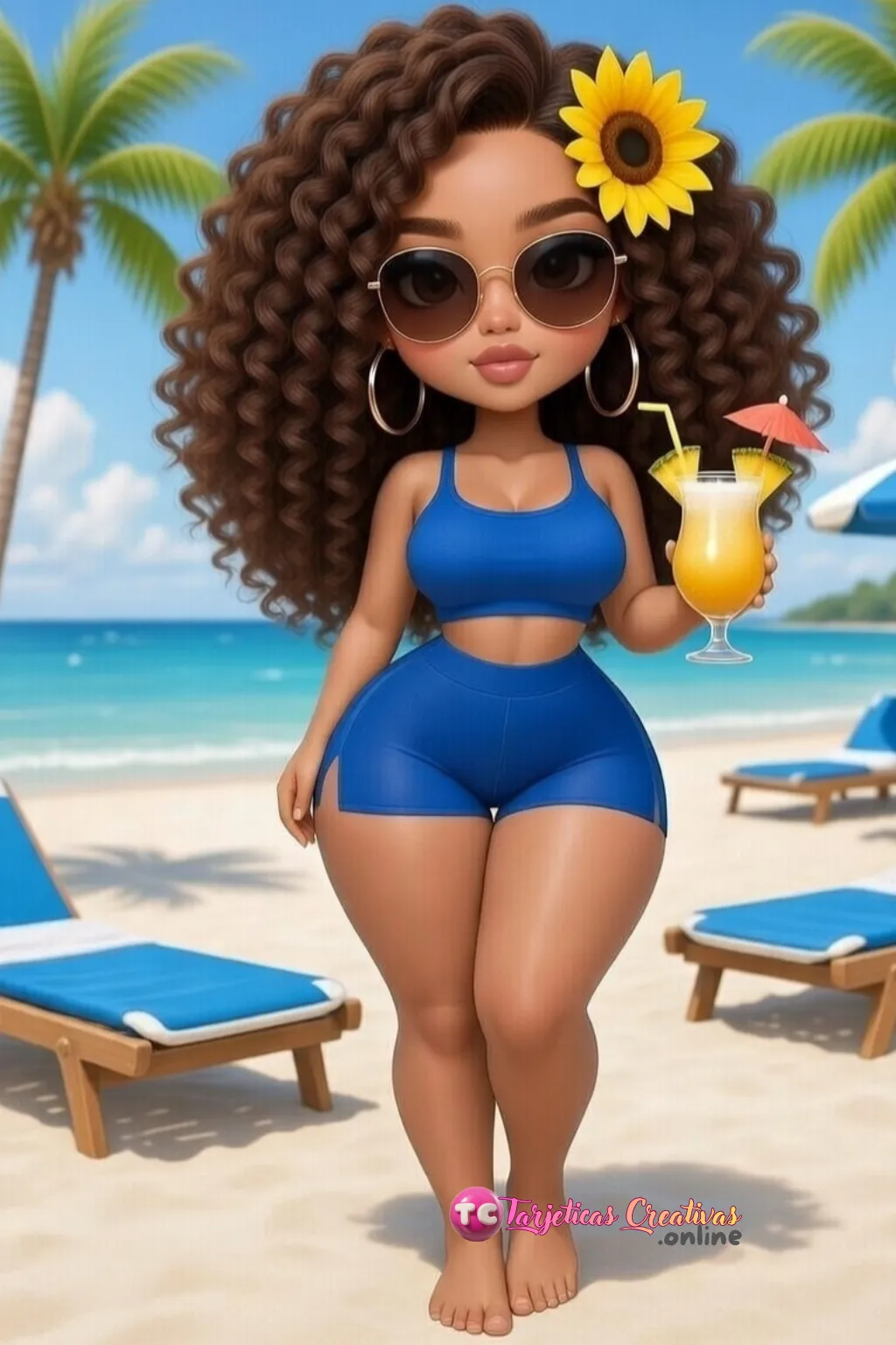 Mujer de pelo castaño parada con bebida en la playa