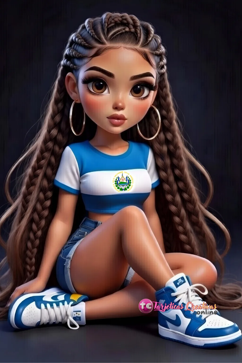 Mujer de pelo castaño de trenzas sentada con bandera de el salvador