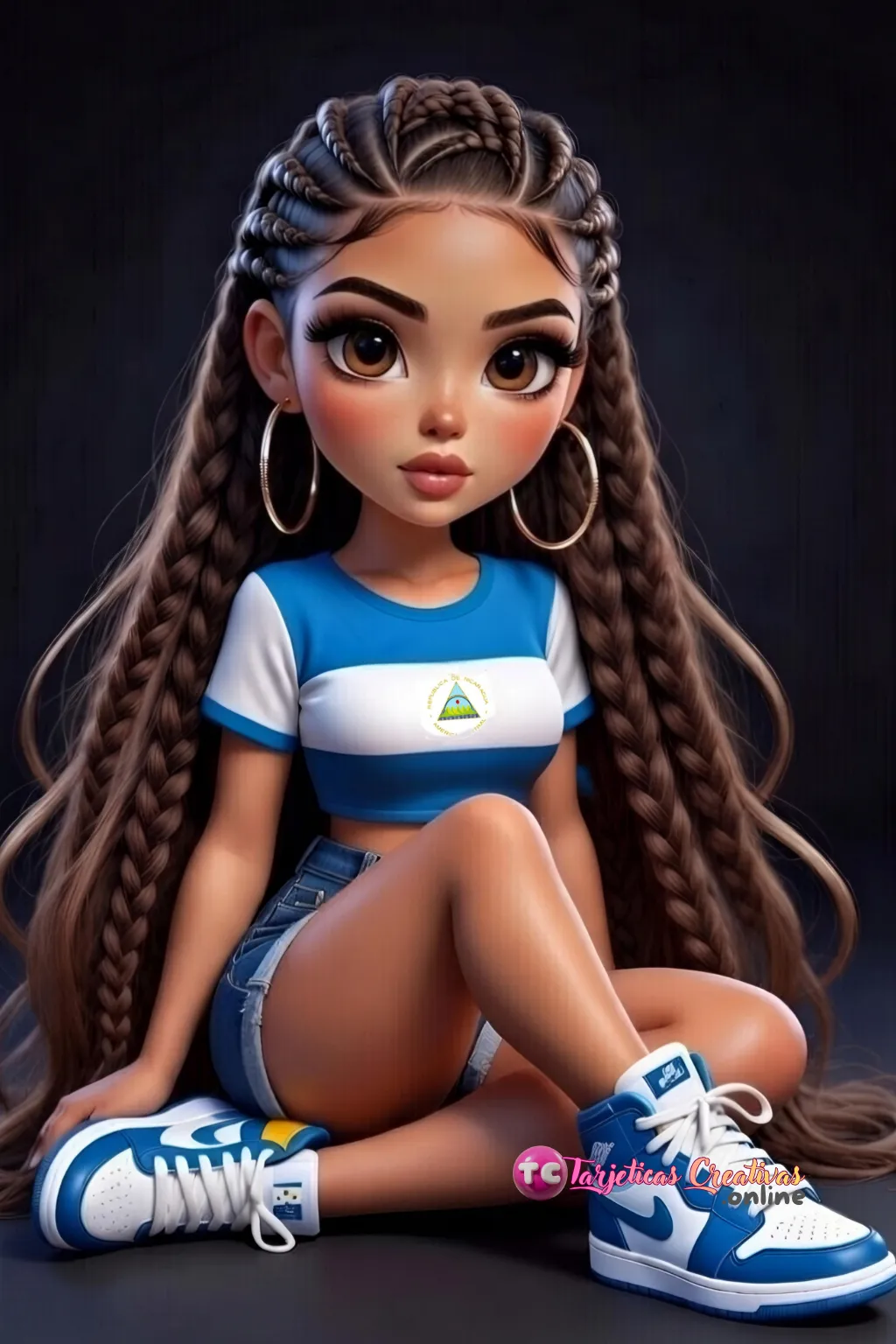 Mujer de pelo castaño de trenzas sentada con bandera de el Nicaragua