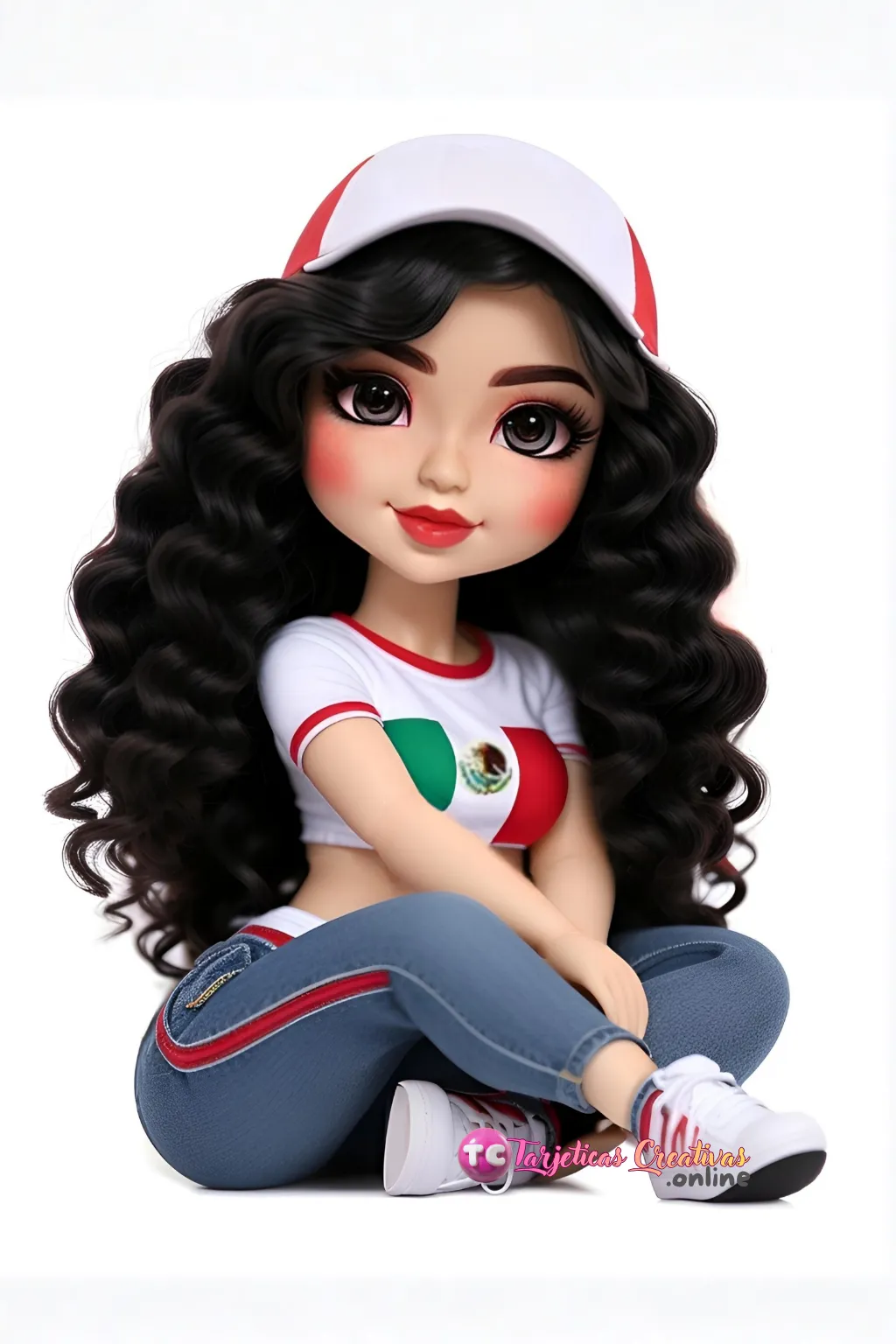 Mujer de pelo negro con gorra en camiseta con bandera de mexico