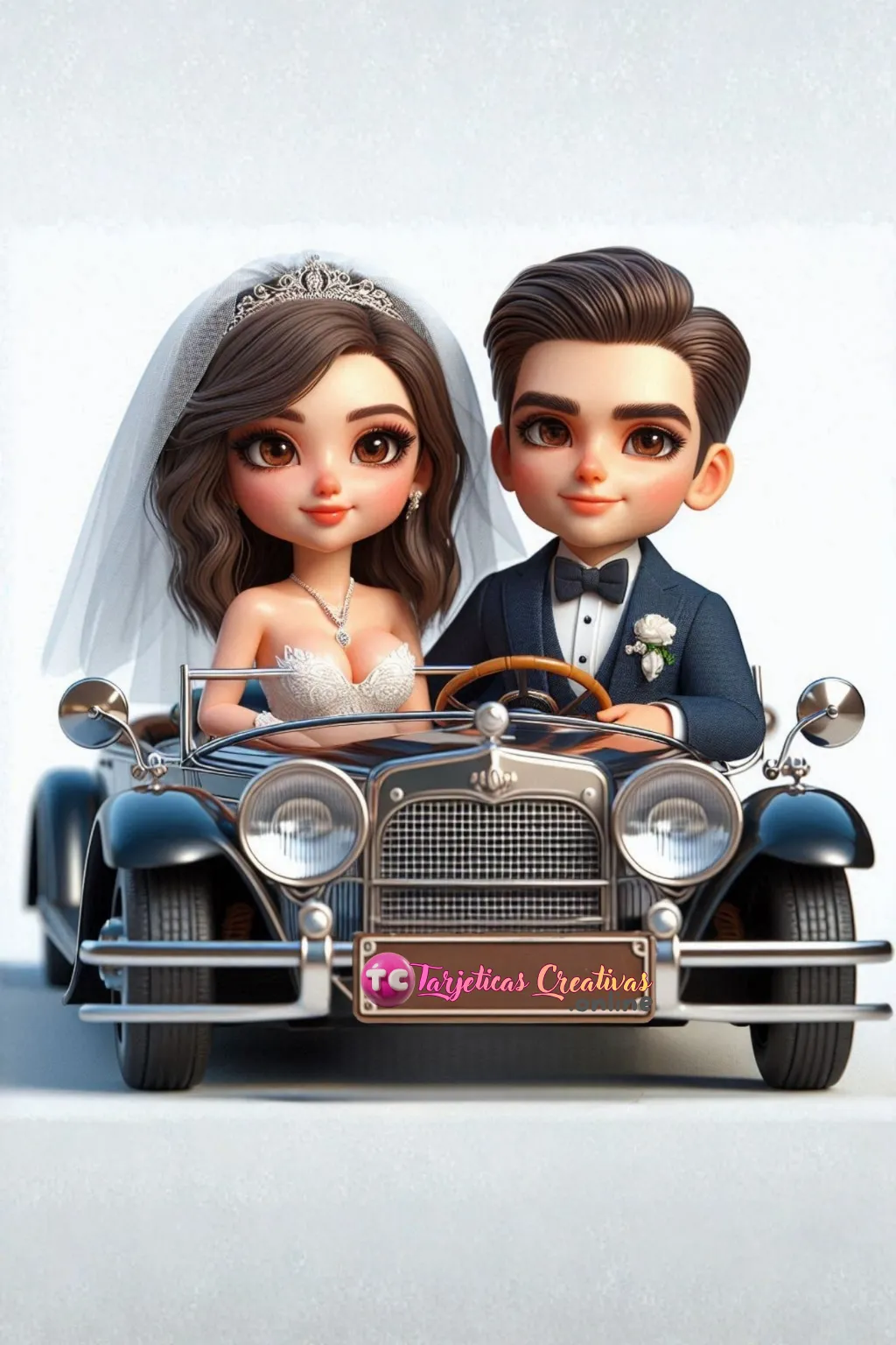 Tarjeta Personalizada de Pareja Mujer pelo castaño y hombre en Boda con carro azul