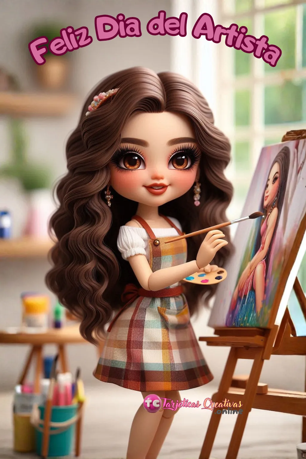 Mujer artista pintora pelo castaño