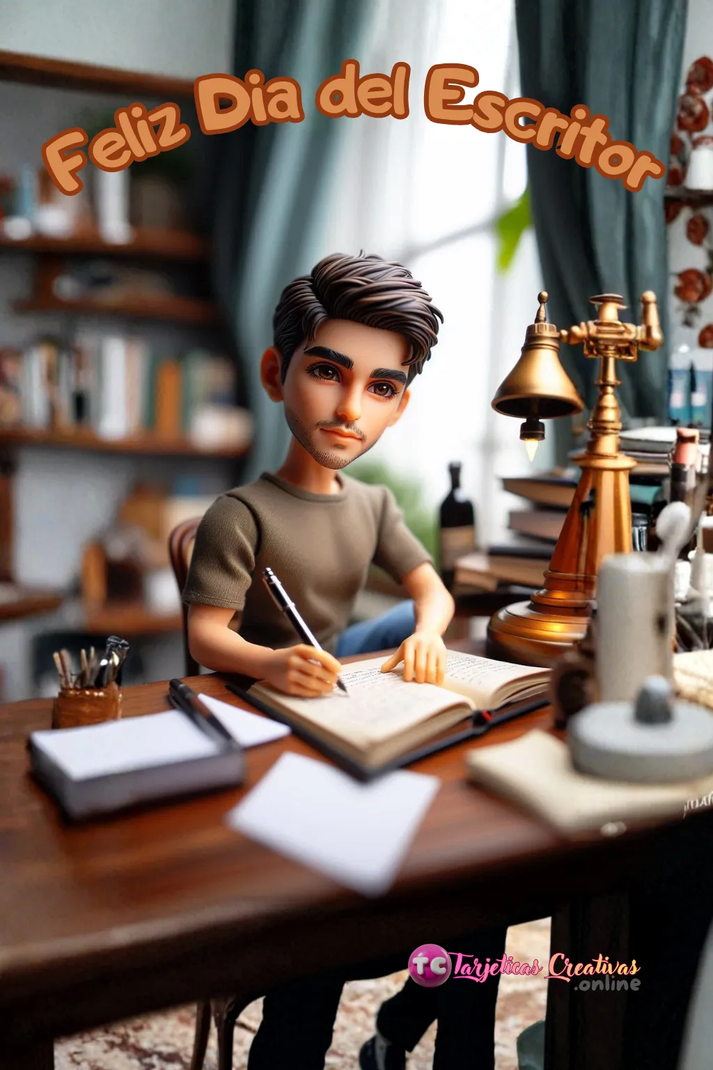 Hombre escritor en escritorio pelo castaño