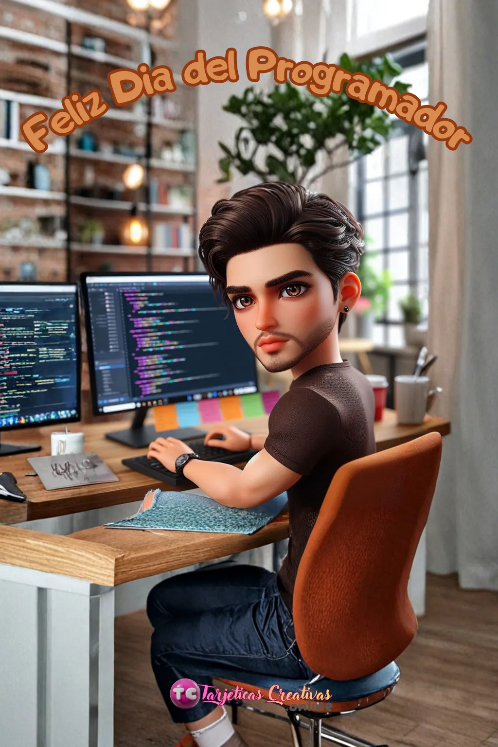 Hombre programador con pelo castaño en escritorio con computadora