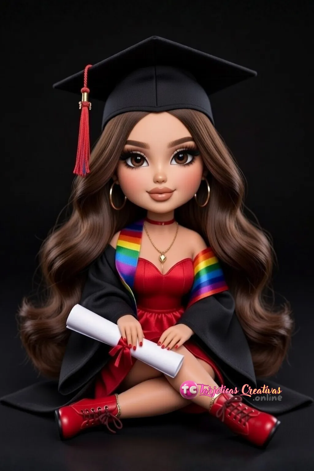 mujer de pelo castaño en graduación sentada con bufanda arcoiris