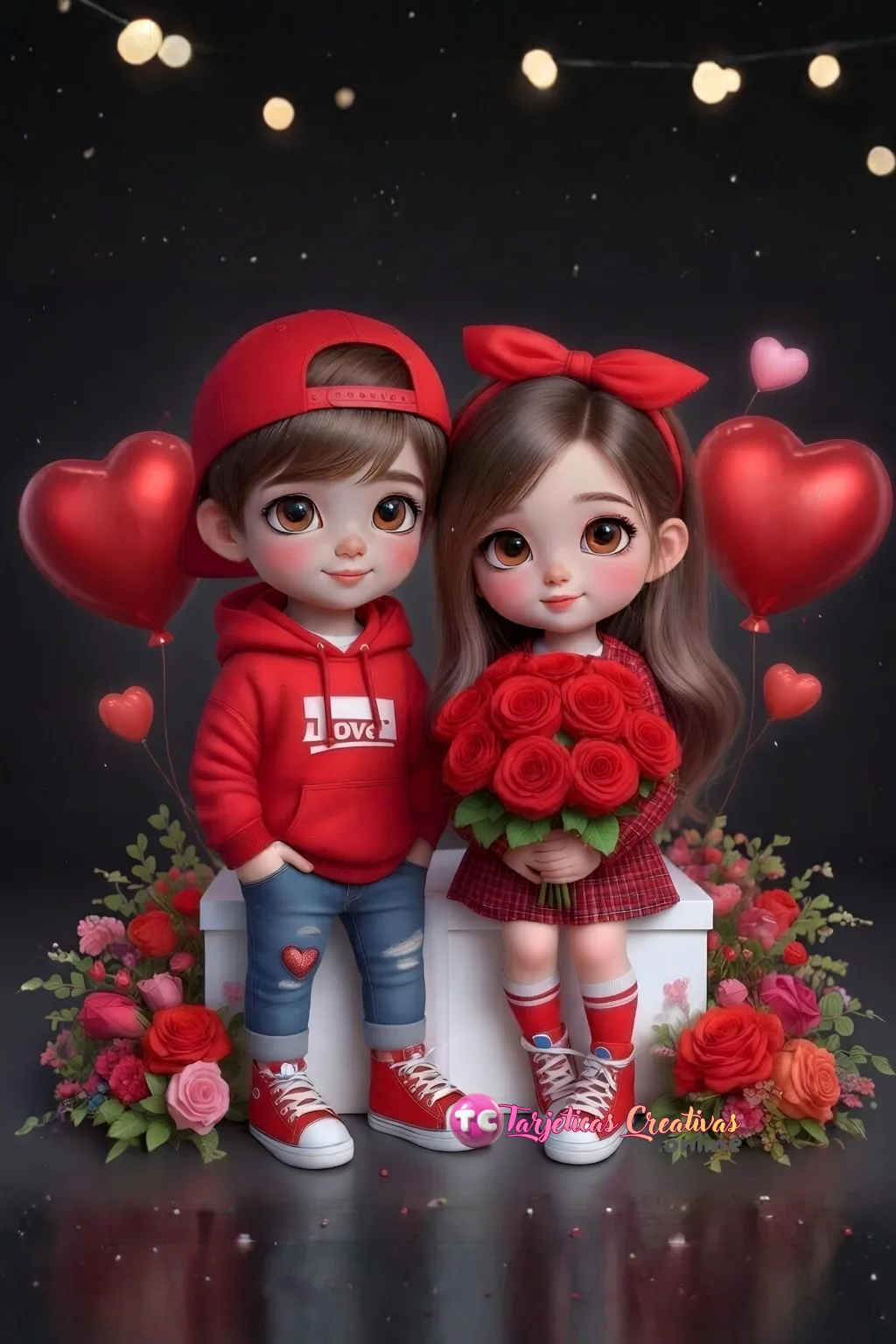 Diseño de tarjeta de pareja de niños personalizada para el 14 de febrero con globos y corazones rojos