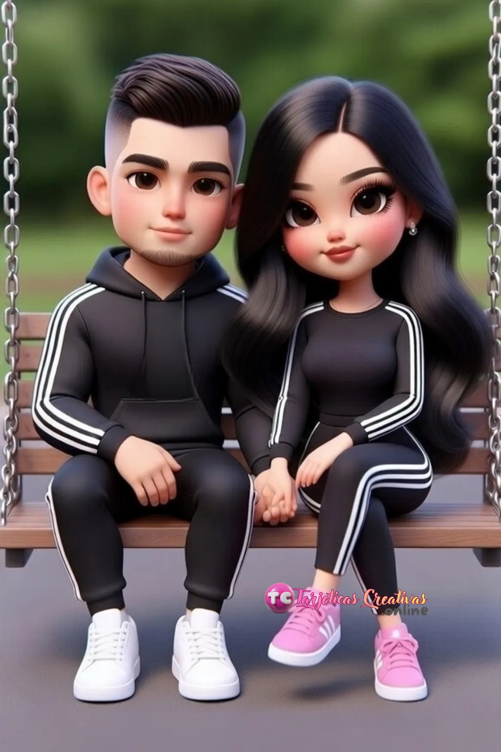 Tarjeta de amistad personalizada en el parque para San Valentín con dibujos de mejores amigos