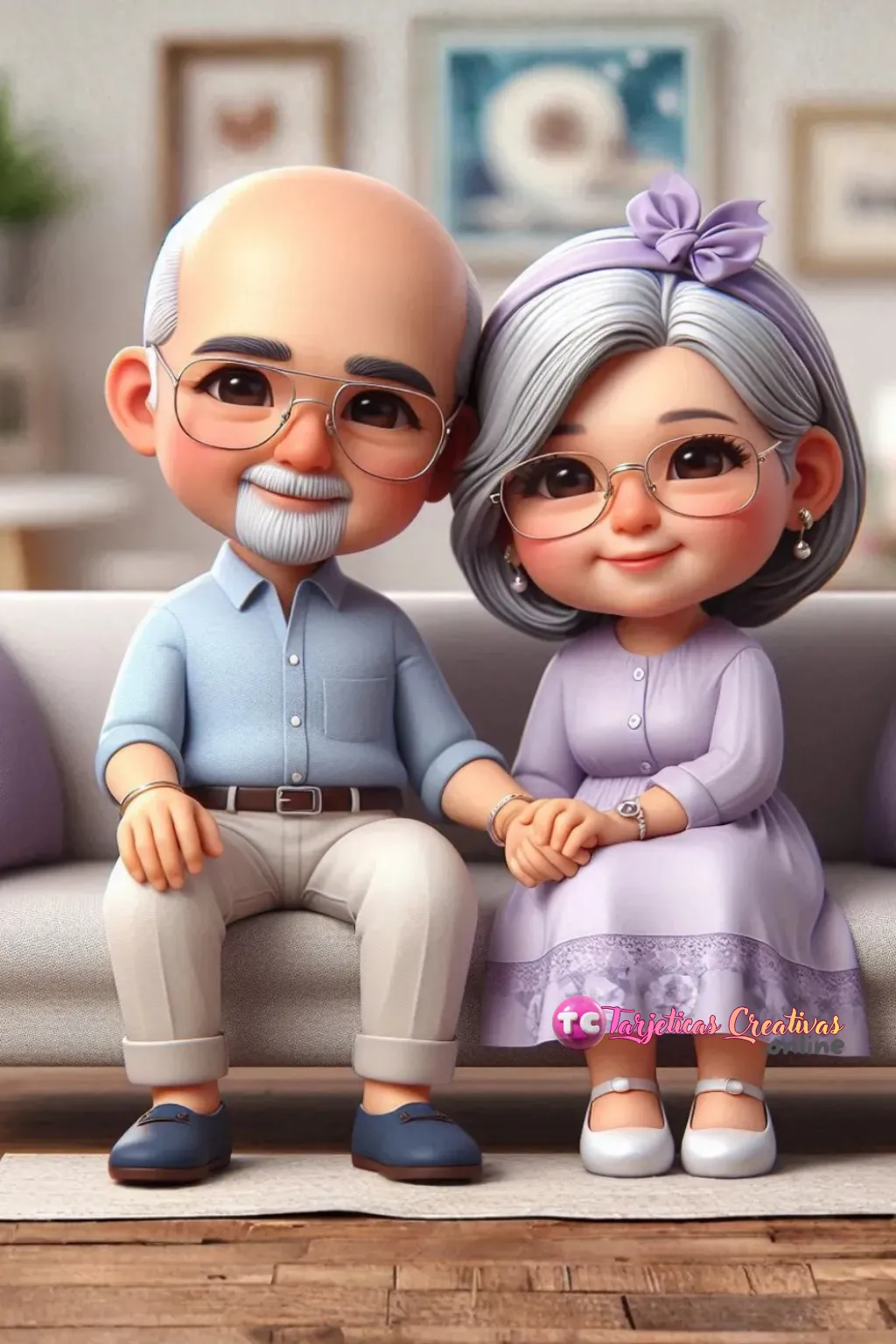 Tarjeta Personalizada de Pareja de Abuelos canosos adorables con lentes sentados en sofa en la sala