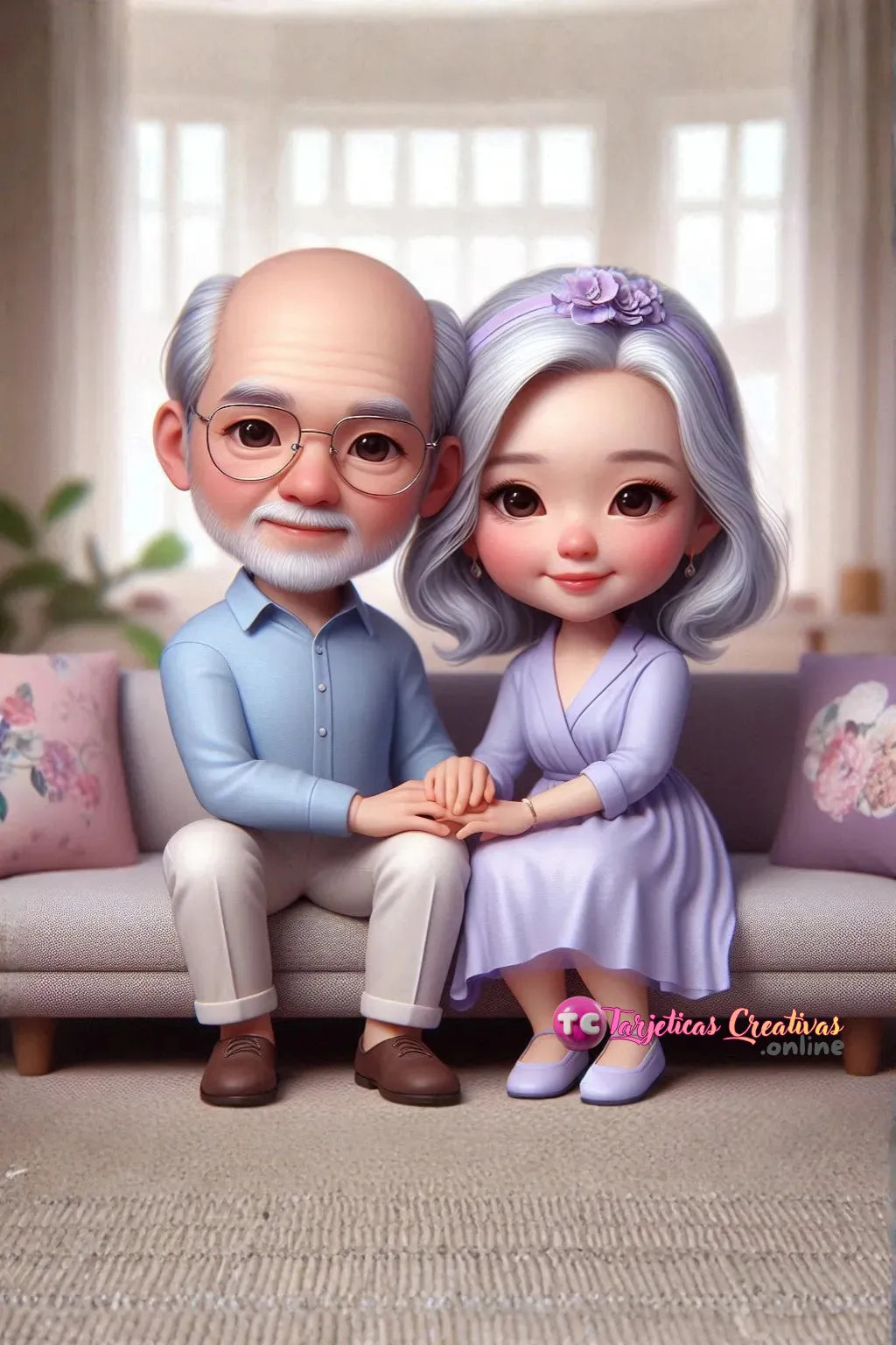 Tarjeta Personalizada de Pareja de Abuelos cariñosos y canosos con lentes sentados en sofa en la sala