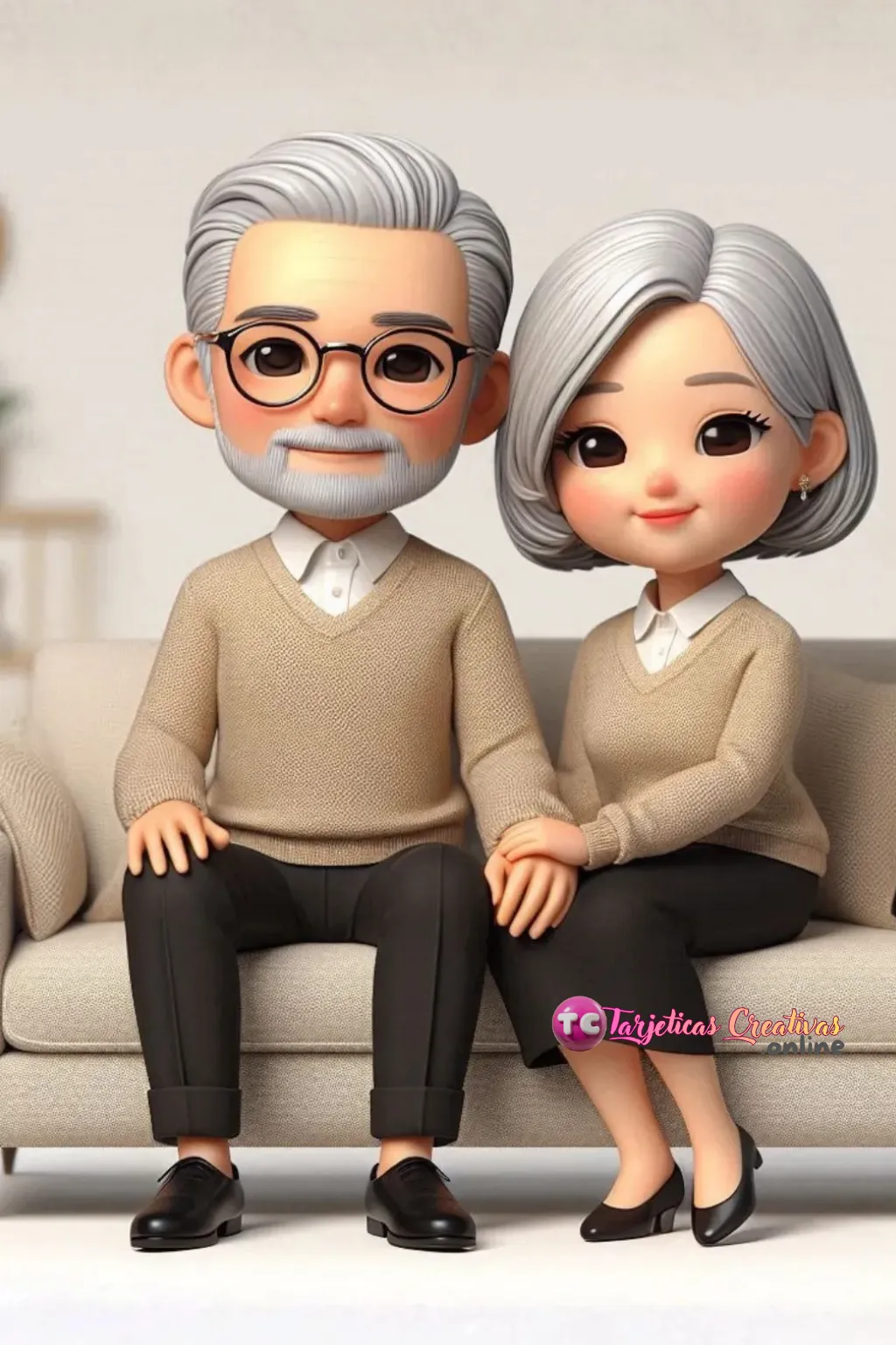 Tarjeta Personalizada de Pareja de Abuelos canosos platinados con lentes sentados en sofa en la sala