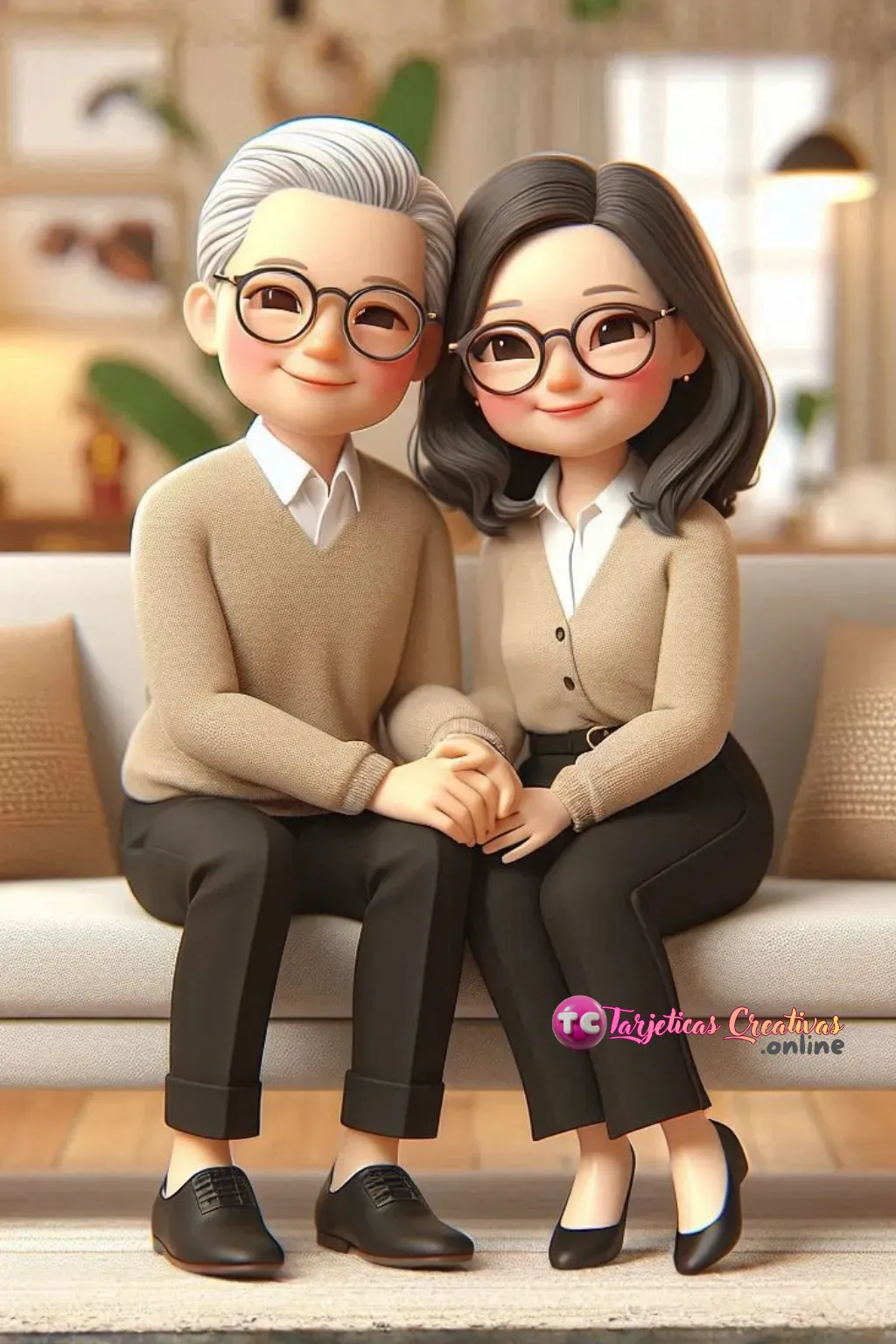 Tarjeta Personalizada de Pareja de Abuelo canoso y Abuela pelo castaño con lentes sentados en sofa acogedor en la sala