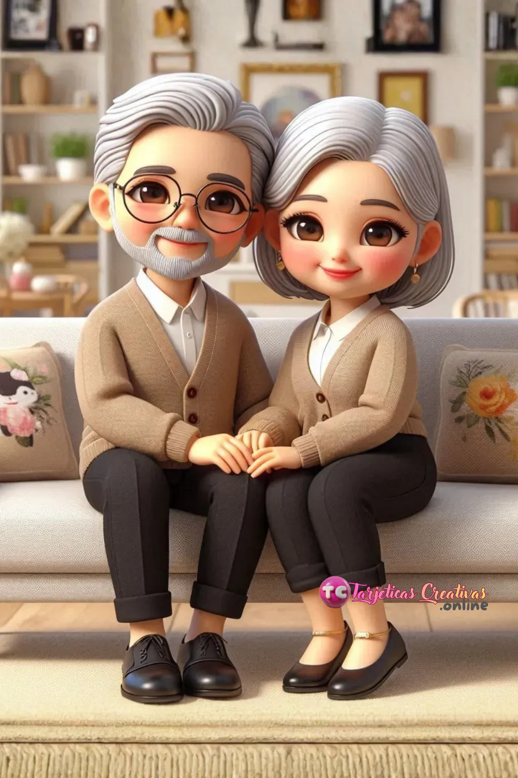 Tarjeta Personalizada de Pareja de Abuelos platinados y tiernos con lentes sentados en sofa acogedor en la sala