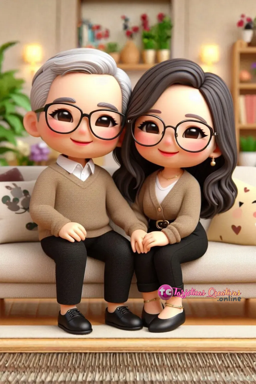 Tarjeta Personalizada de Pareja de Abuelo canoso y Abuela pelo castaño con lentes sentados felices en sofa acogedor de la sala