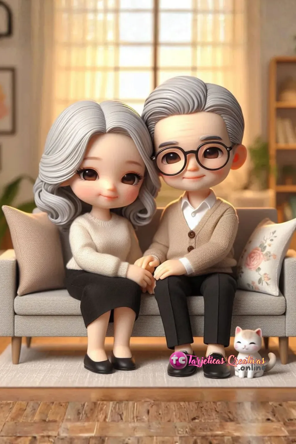 Tarjeta Personalizada de Pareja de Abuelos canosos con lentes sentados en sofa de la sala con mascota