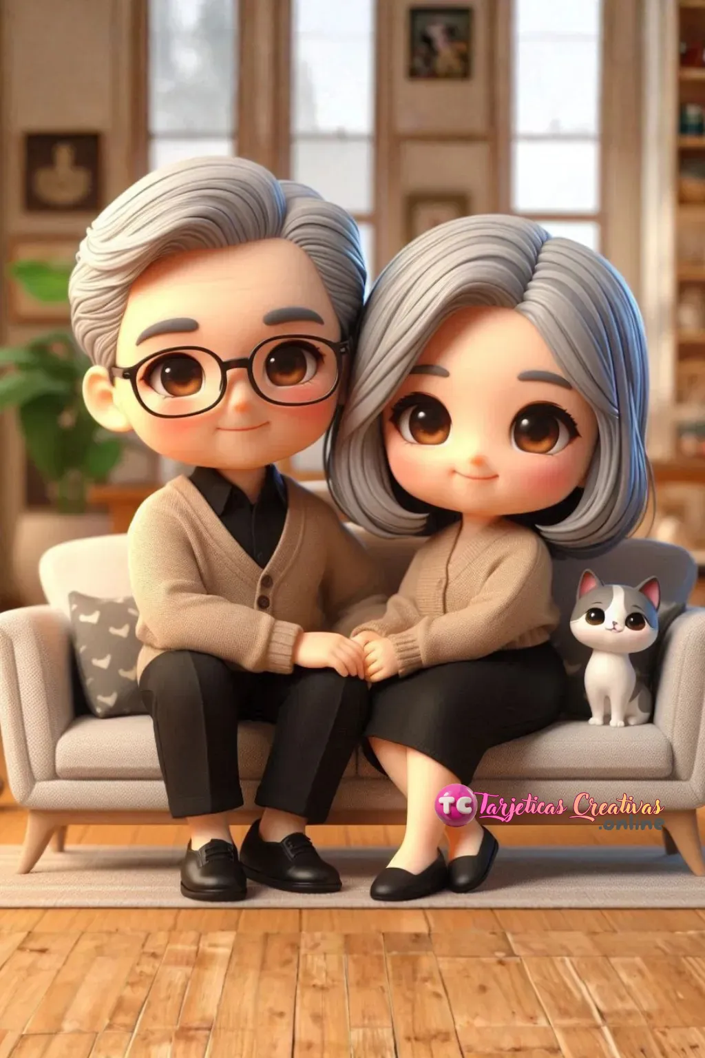 Tarjeta Personalizada de Pareja de Abuelos cariñosos y canosos con lentes sentados en sofa de la sala con mascota