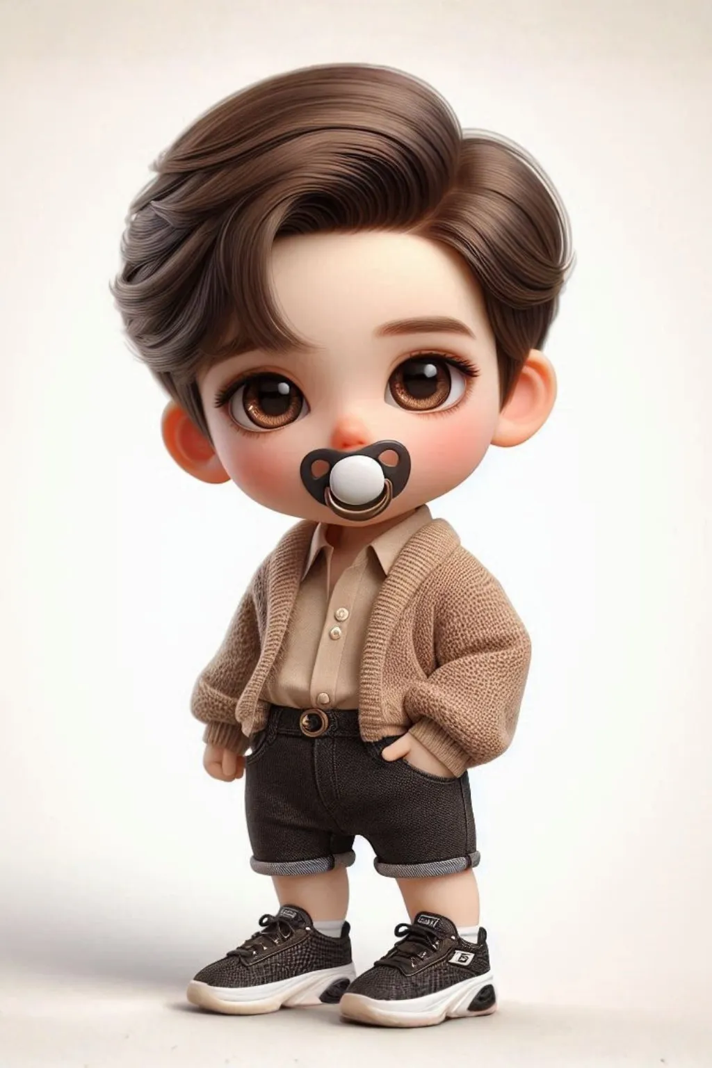 Bebe muy lindo pelo castaño parado con chupete