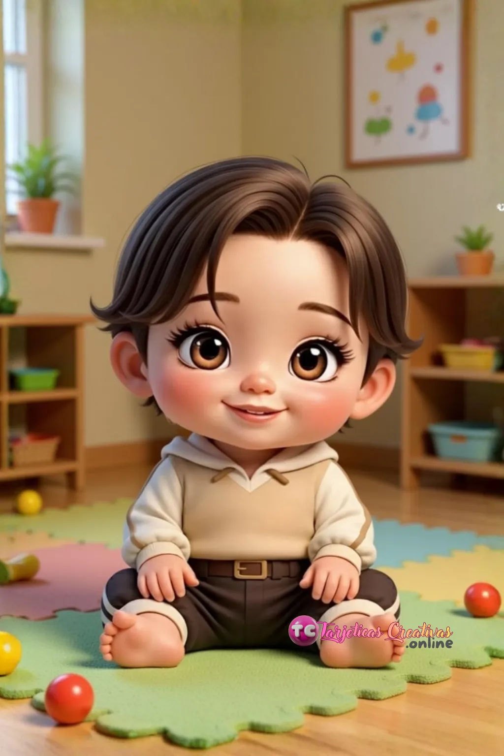 Bebe pelo castaño sentado en habitación