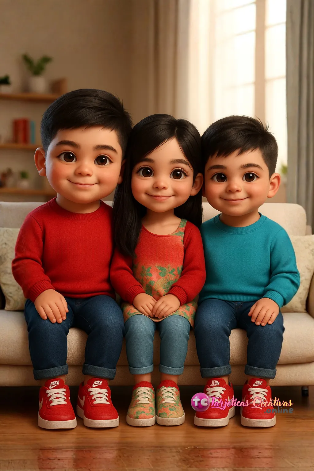 Tres niños sentados en sofa en la sala