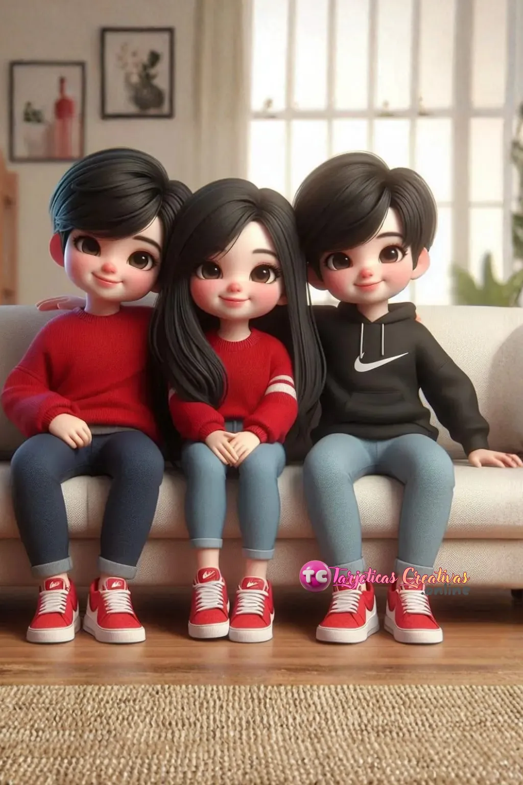 Tres niños sentados en sofa en la sala