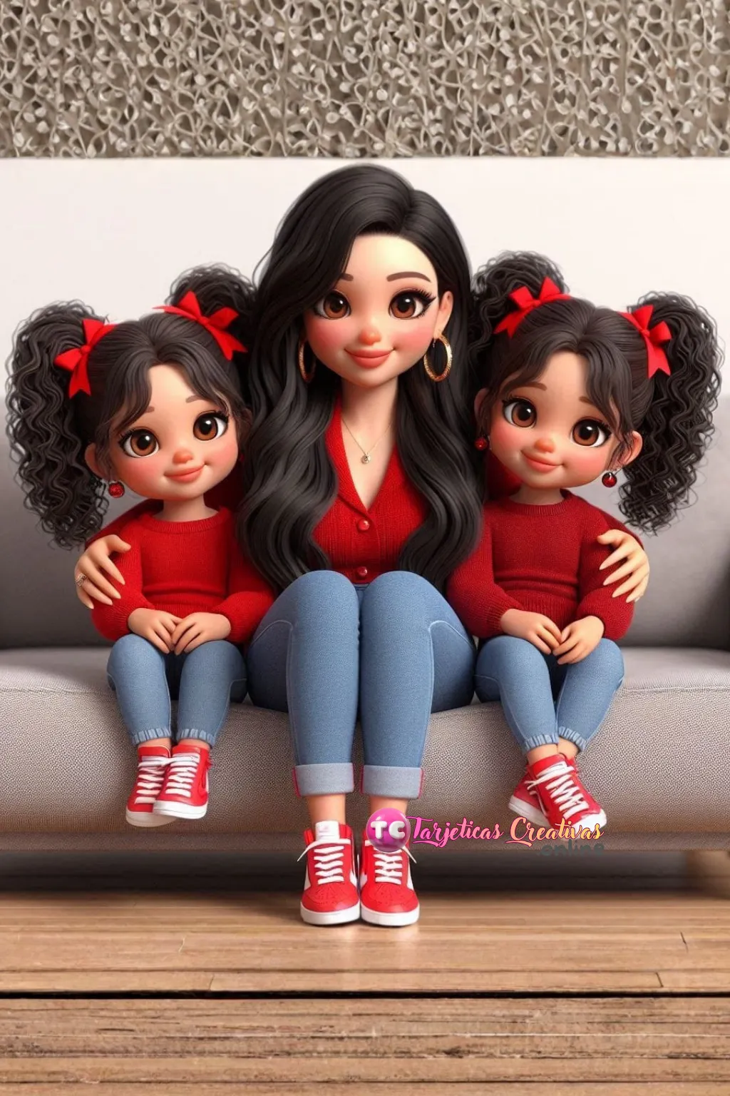 Mamá y niñas pelo castaño sentadas en el sofa de la sala