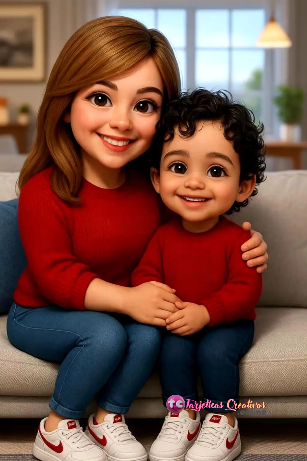 Mamá pelo rubio y niña sentadas en sofa en la sala