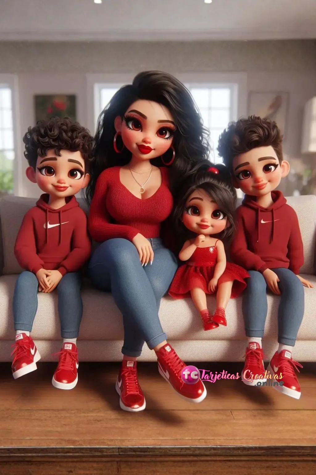 Mamá y tres niños de pelo castaño sentados en sofa de la sala