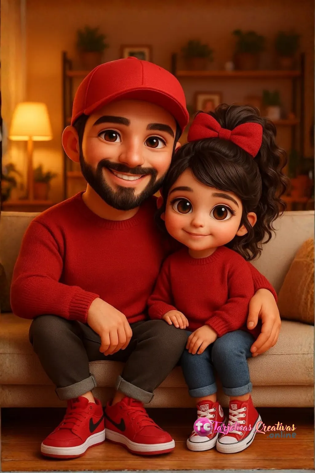 Tarjeta Personalizada de Papa e hija sentados en sofa en la sala