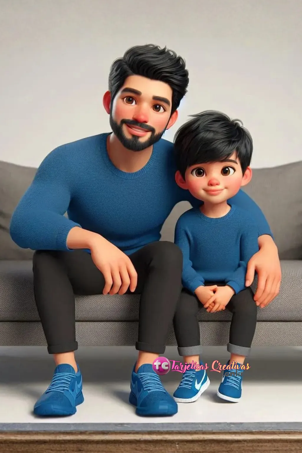 Papá e hijo pelo negro sentados en sofa en la sala