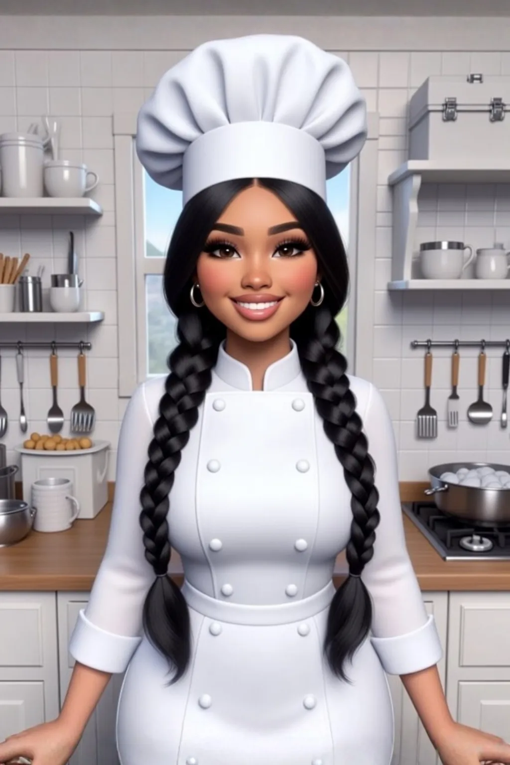 Mujer de pelo negro con gorro de Chef en la cocina