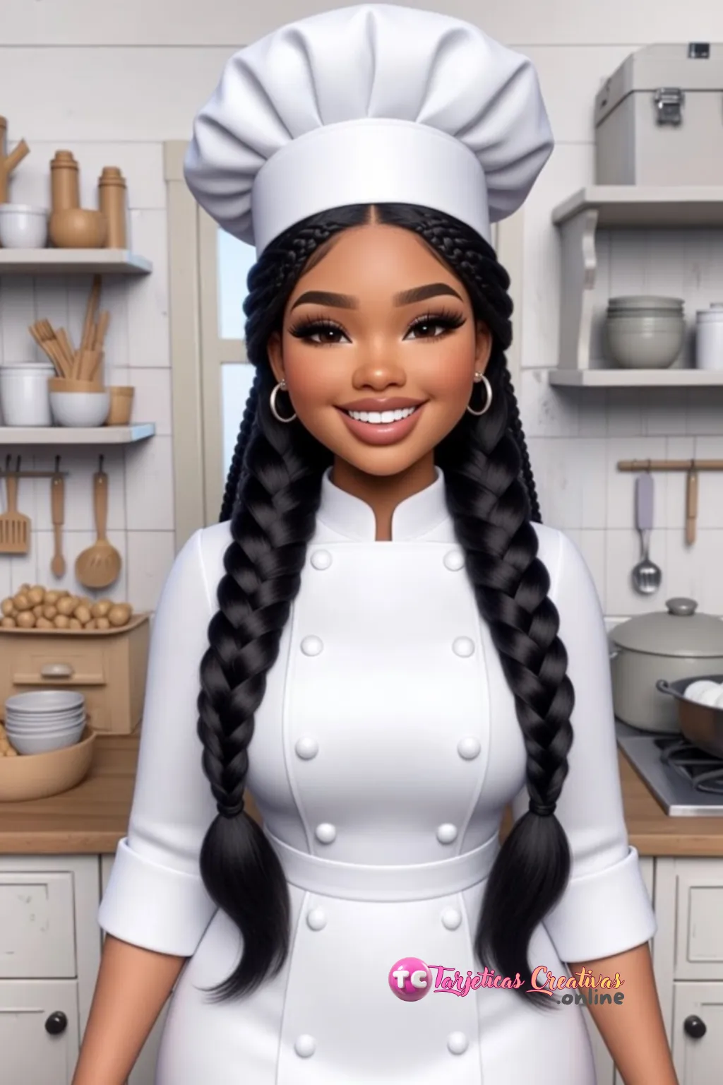 Mujer de pelo negro de trenzas con gorro de Chef en la cocina