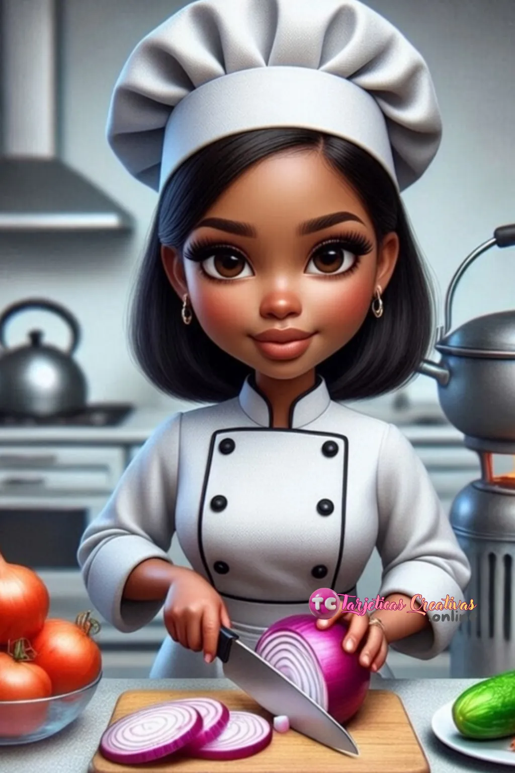 Mujer de pelo negro con gorro de chef mu hermosa en la cocina