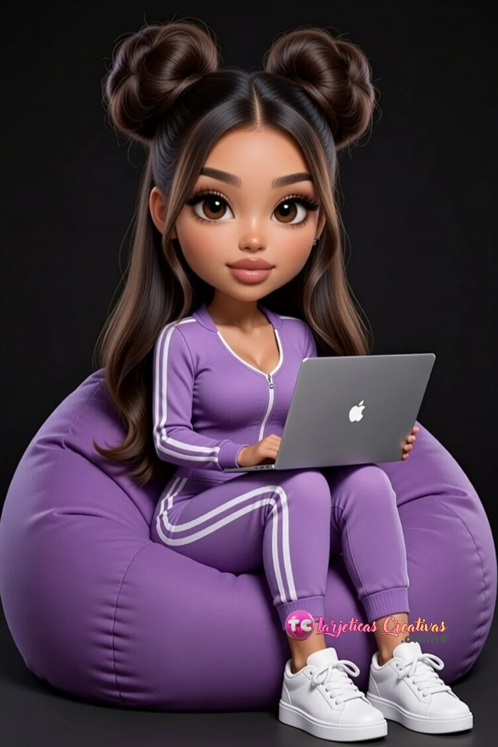 Mujer de pelo castaño trabajando sentada en sillón con laptop