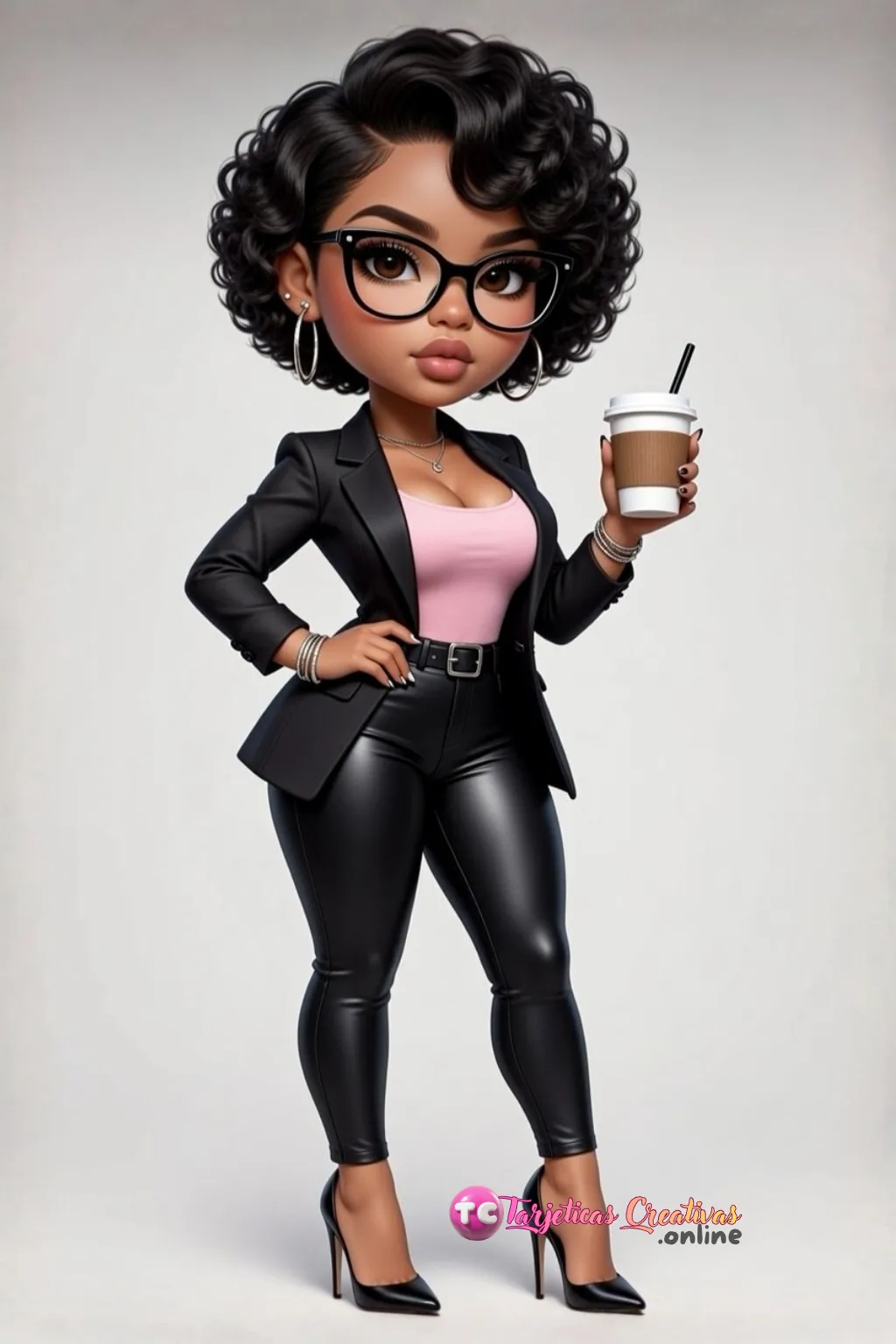 Mujer de pelo negro ejecutiva parada con bebida