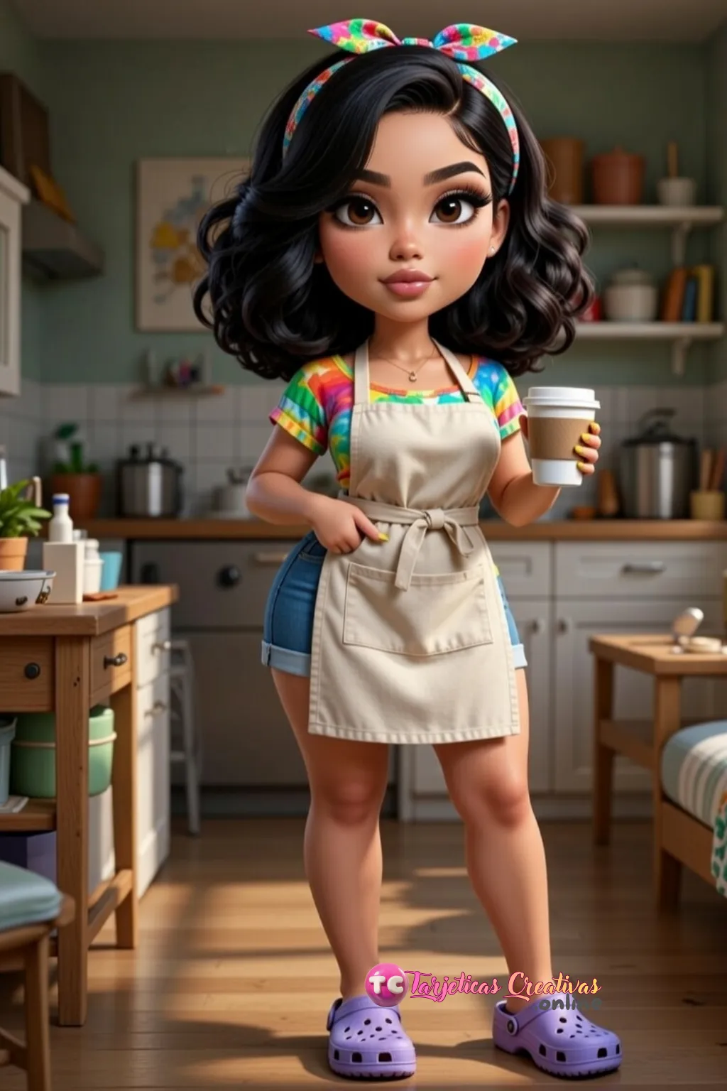 Mujer de pelo negro ama de casa con bebida en la cocina 