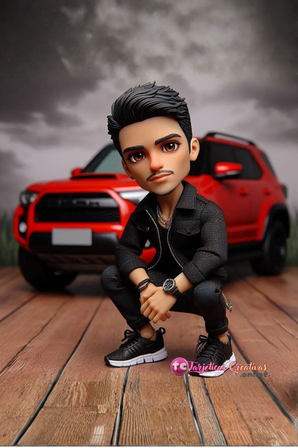 Hombre pelo negro con carro rojo