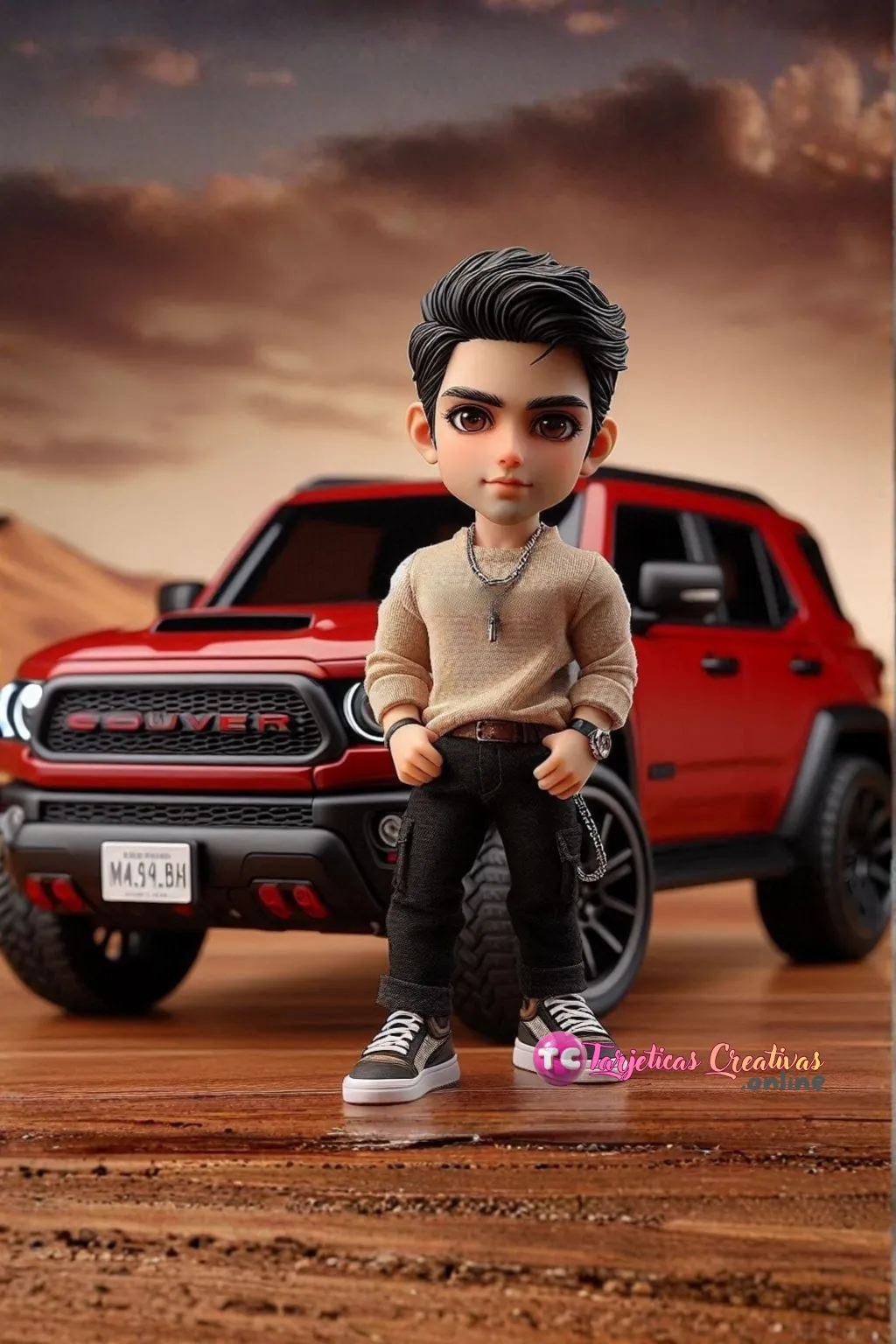 Hombre pelo negro de pie con carro rojo