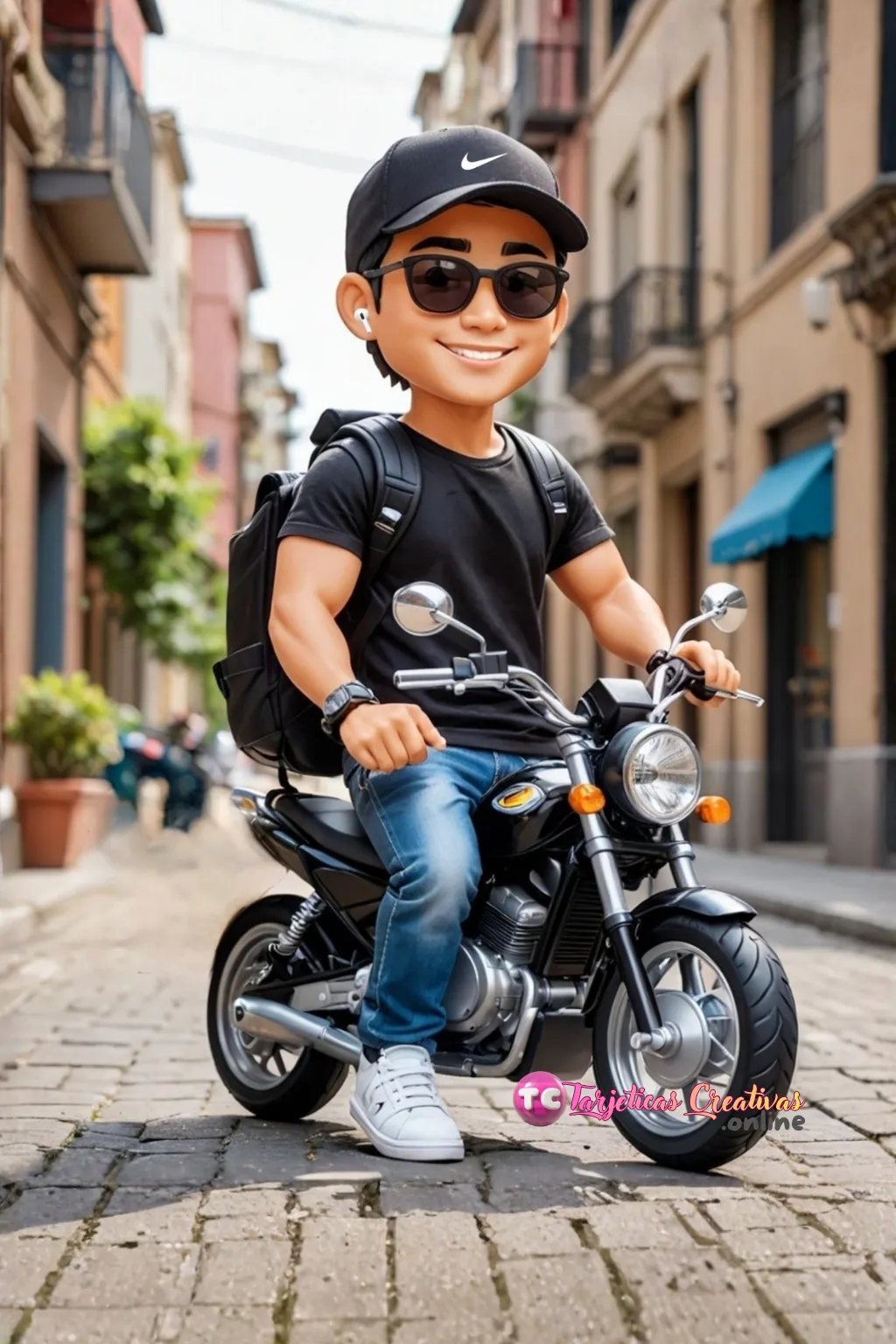 Hombre pelo negro repartidor con moto, gorra y lentes. 