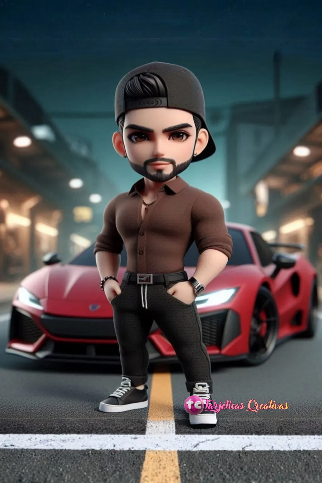 Hombre pelo negro con barba y gorra, carro rojo